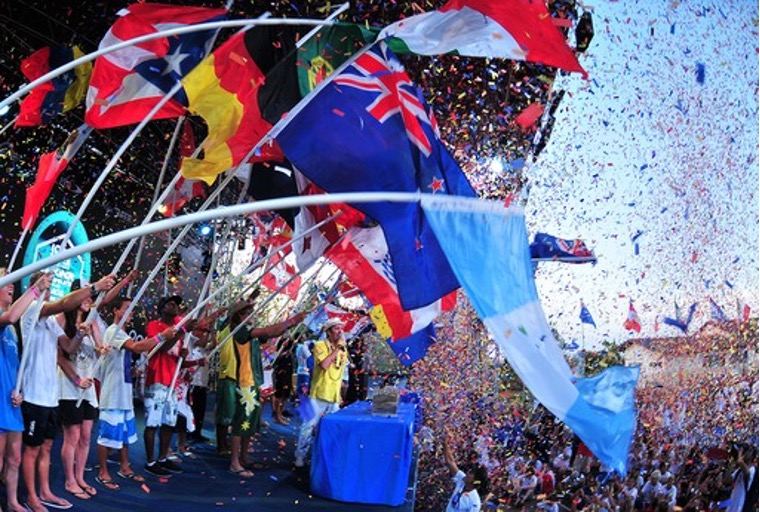 National flags flying with confetti and celebration